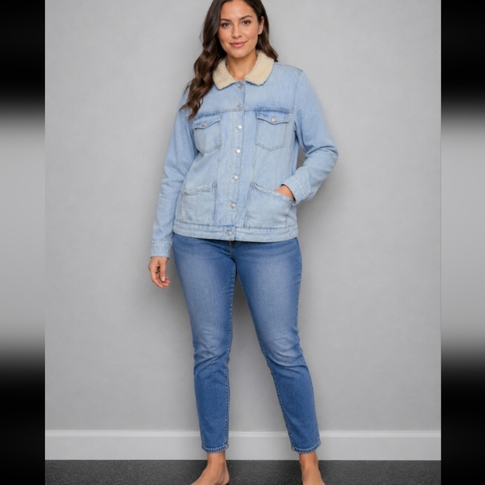 TOPSHOP Moto Jean Jacket Faux Sharpa fleece 12